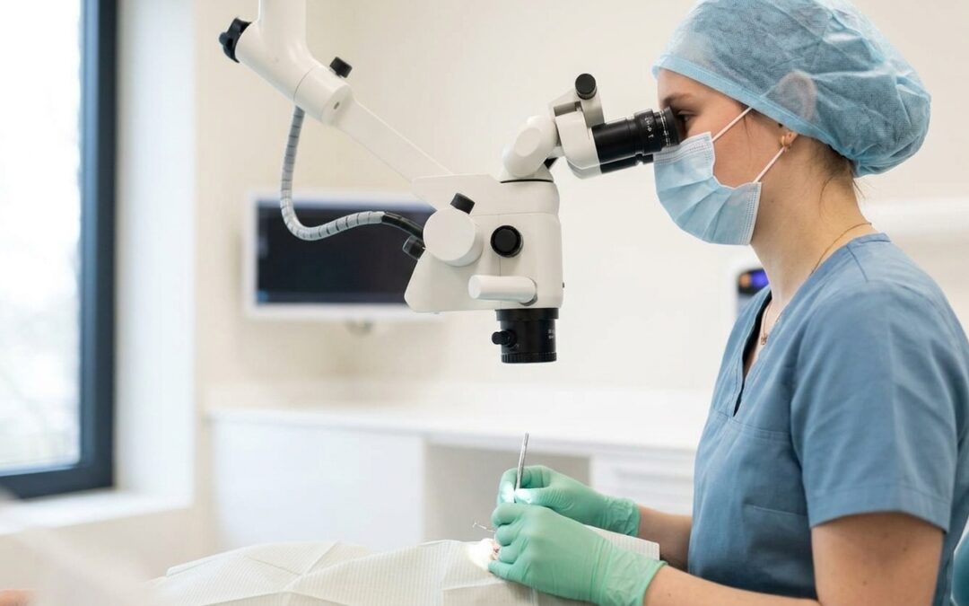 Dentiste en tunique bleu clair l'œil aux oculaires d'un microscope opératoire, mains gantées tenant un fin instrument