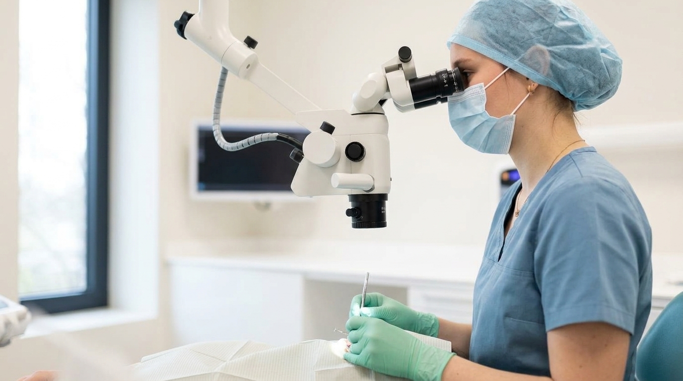 Dentiste en tunique bleu clair l'œil aux oculaires d'un microscope opératoire, mains gantées tenant un fin instrument