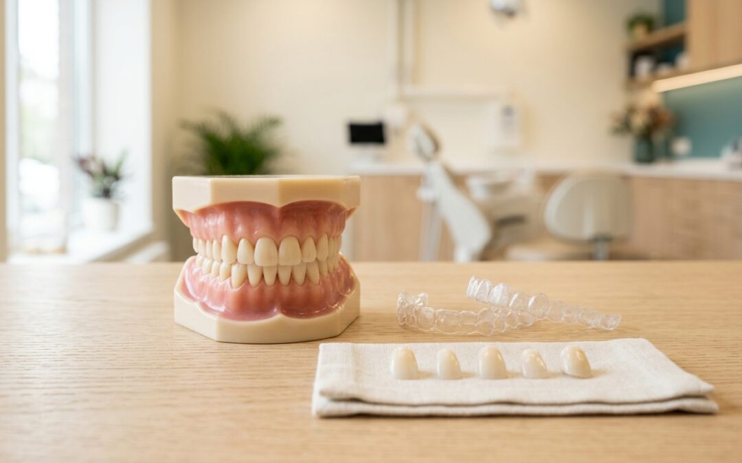Modèle de dents alignées posé près de gouttières de blanchiment transparentes et de fines facettes en céramique