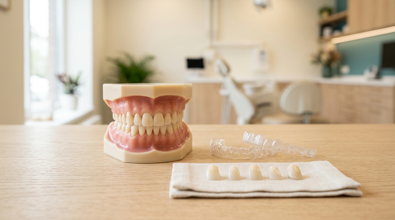 Modèle de dents alignées posé près de gouttières de blanchiment transparentes et de fines facettes en céramique