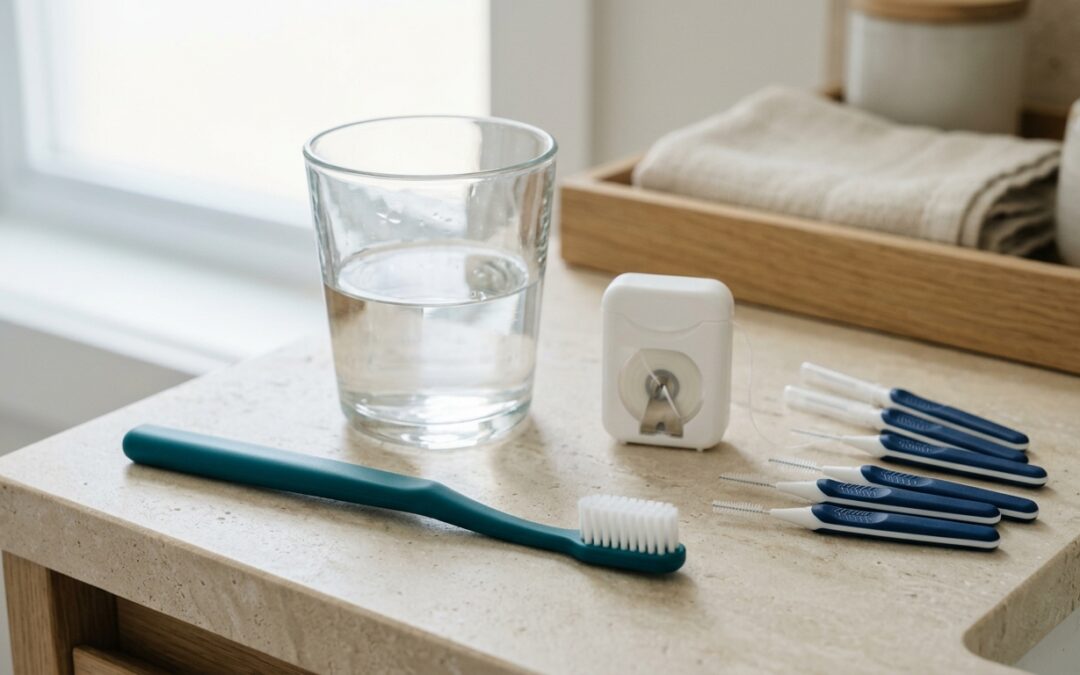 Brosse à dents, fil dentaire et brossettes interdentaires posés près d'un verre sur un plan de salle de bain clair