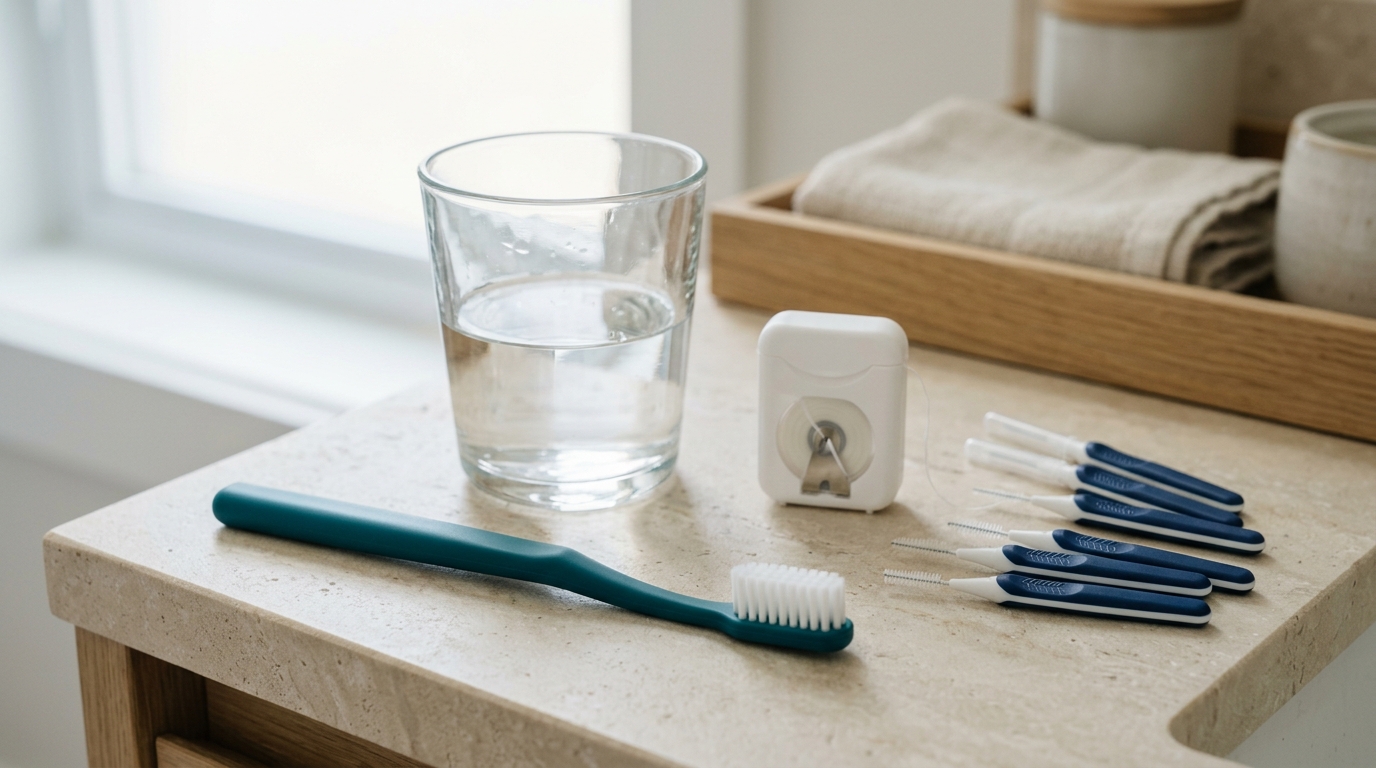 Brosse à dents, fil dentaire et brossettes interdentaires posés près d'un verre sur un plan de salle de bain clair