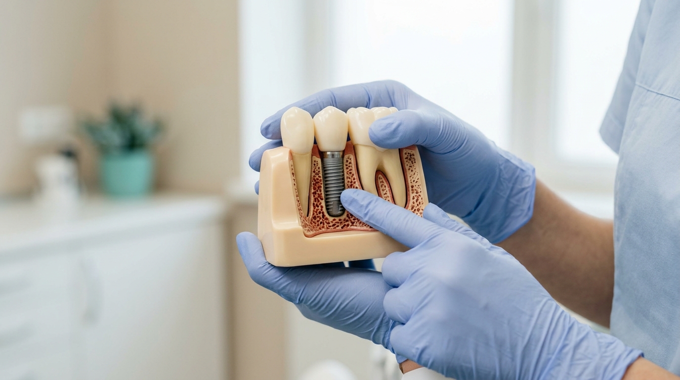 Mains gantées d'un dentiste tenant une maquette de mâchoire avec un implant en titane et sa couronne, fond clair flou
