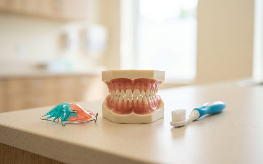 Maquette de mâchoire d'enfant, appareil orthodontique amovible coloré et petite brosse à dents sur un plan de travail clair