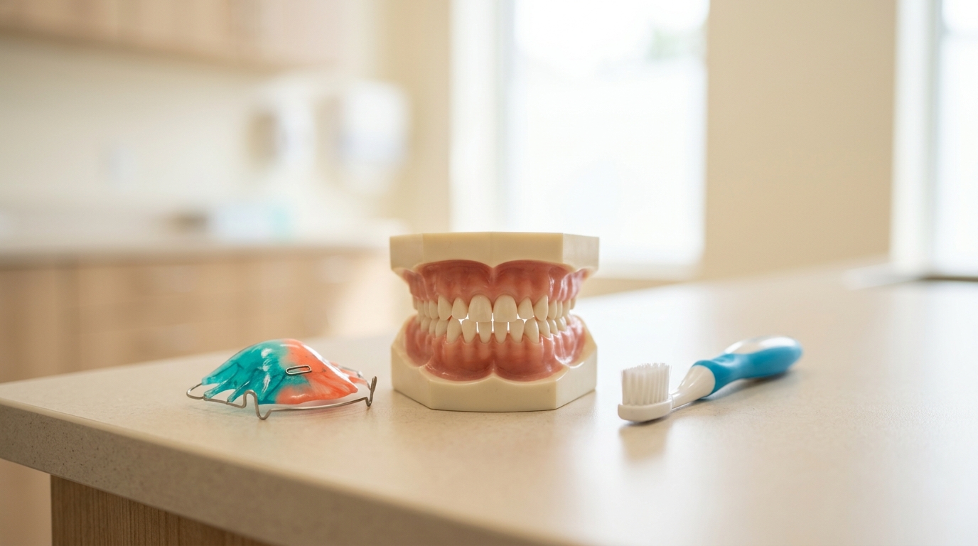 Maquette de mâchoire d'enfant, appareil orthodontique amovible coloré et petite brosse à dents sur un plan de travail clair