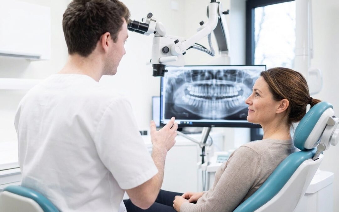 Un dentiste de dos montre une radiographie panoramique sur un écran à une patiente installée dans un fauteuil bleu canard.