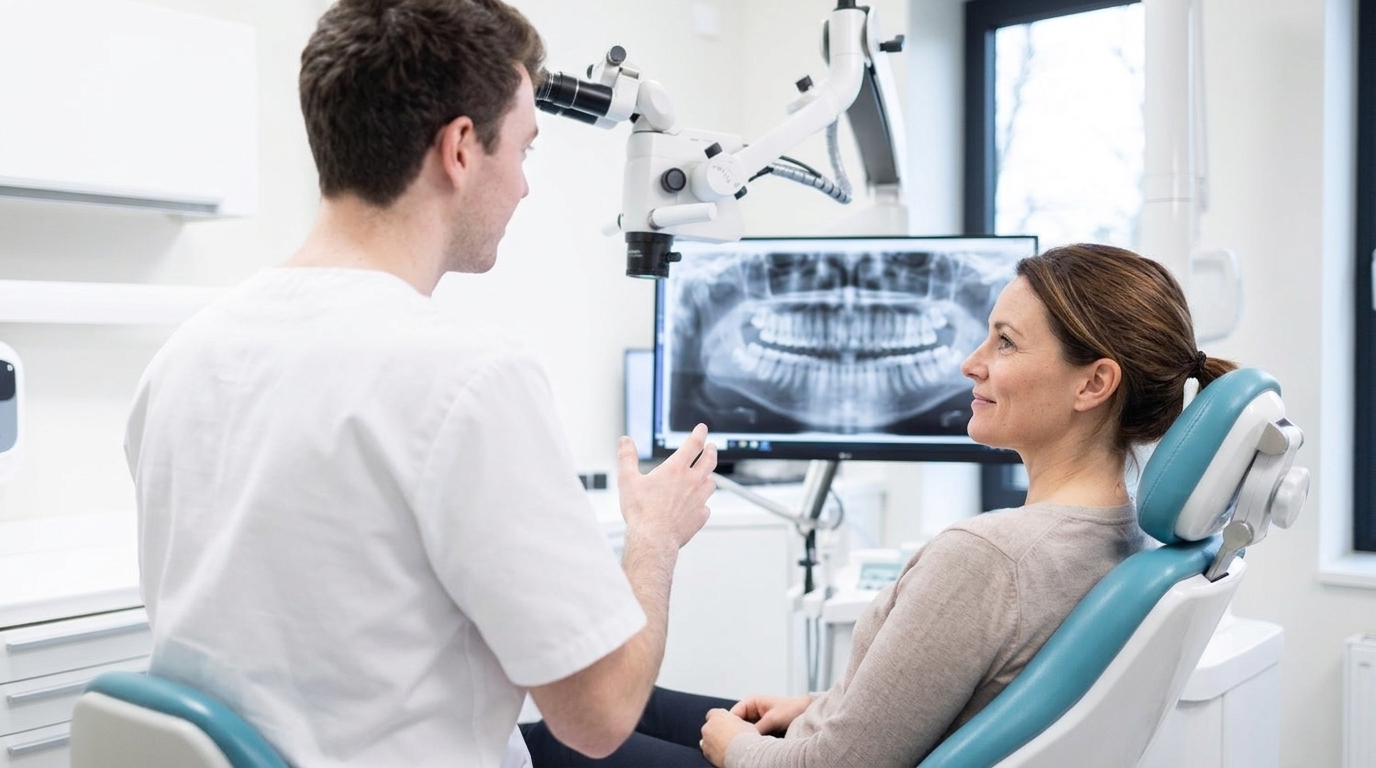 Votre première visite chez le dentiste : à quoi s’attendre au bilan initial ? Un dentiste de dos montre une radiographie panoramique sur un écran à une patiente installée dans un fauteuil bleu canard.
