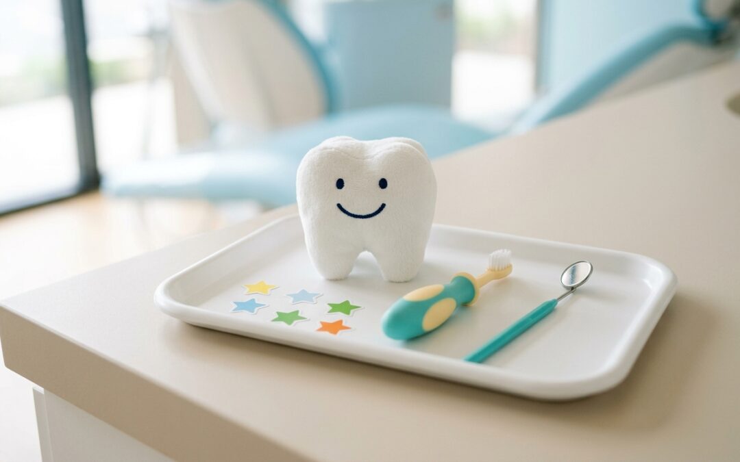 Plateau de soin pour enfant avec brosse à dents colorée, miroir dentaire, peluche dent souriante et autocollants étoiles