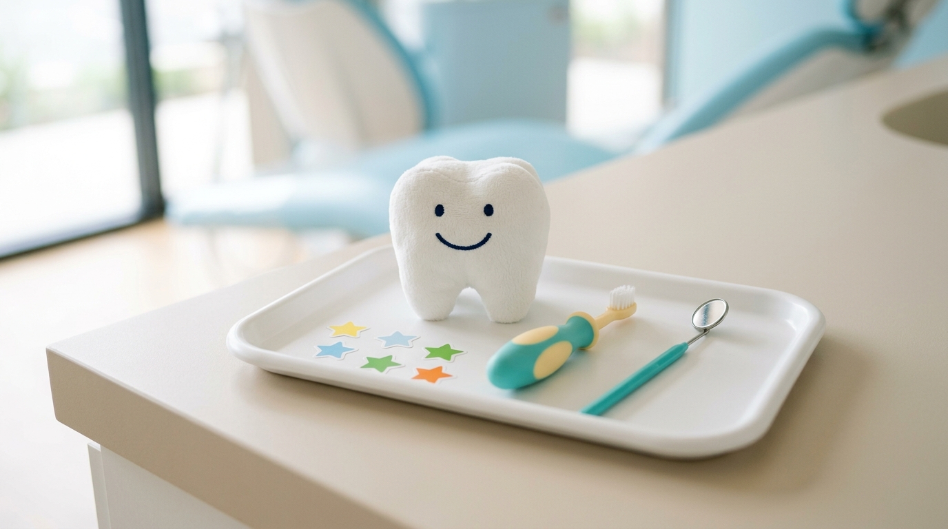 Plateau de soin pour enfant avec brosse à dents colorée, miroir dentaire, peluche dent souriante et autocollants étoiles