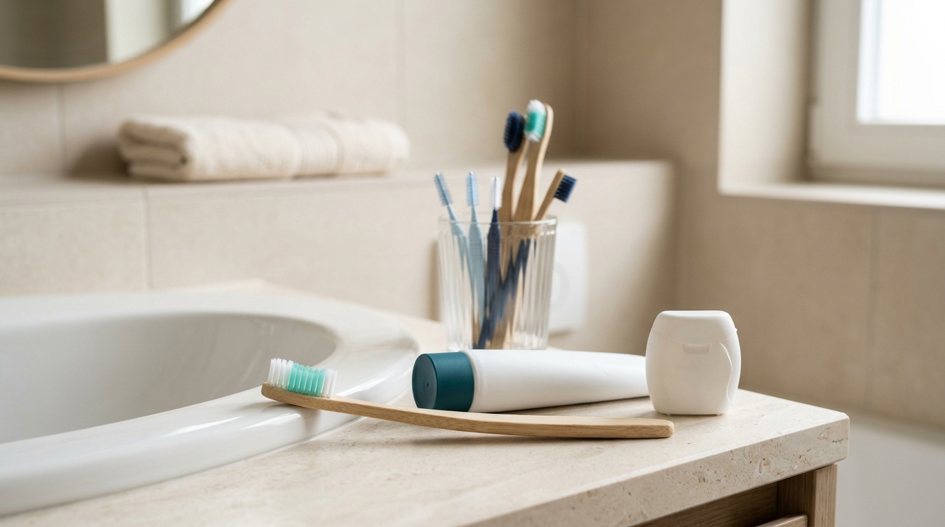 Brossage, fil dentaire et dentifrice fluoré : la routine qui protège vraiment vos dents Brosse à dents, dentifrice fluoré, fil dentaire et verre de brossettes interdentaires sur un lavabo clair de salle de bain