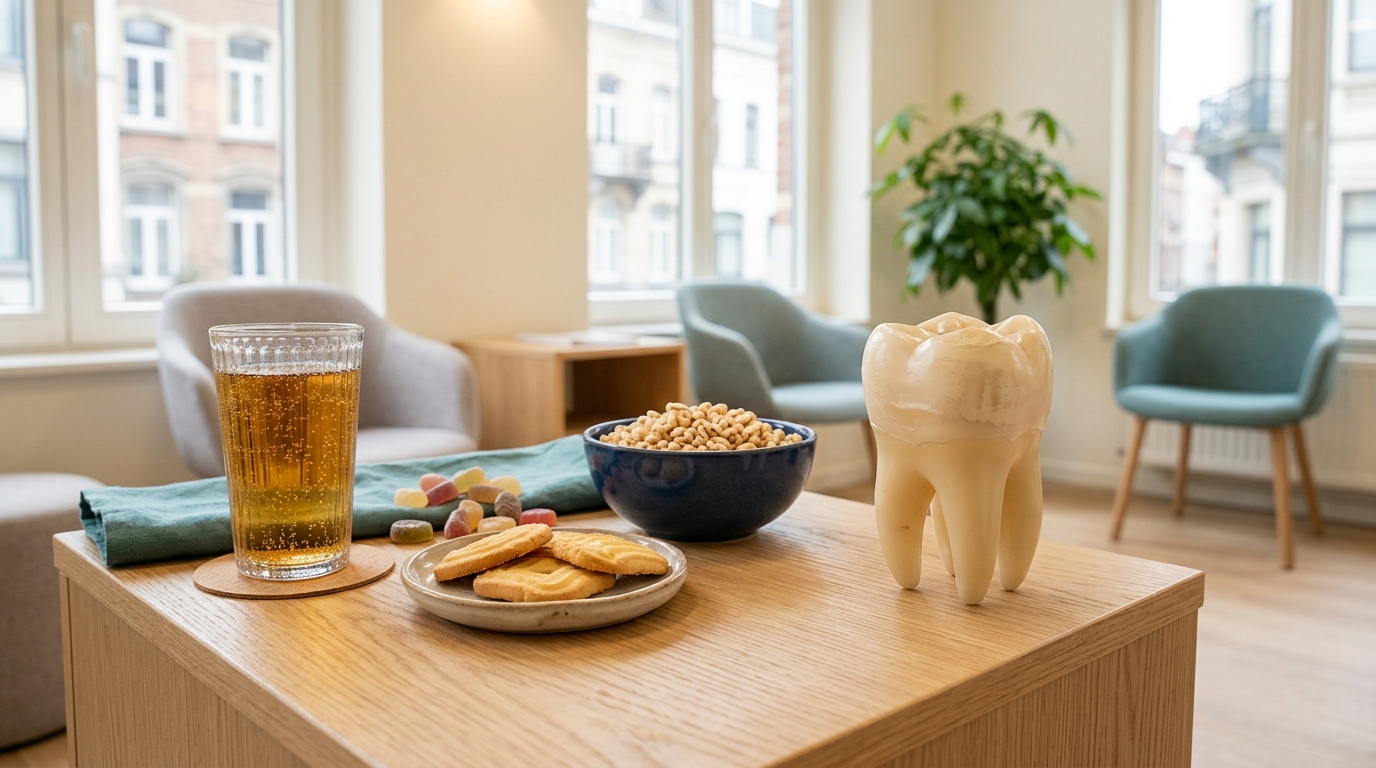 Table en bois avec soda, biscuits, bonbons et céréales sucrées, à côté d'un modèle de molaire à l'émail usé, dans un cabinet lumineux.